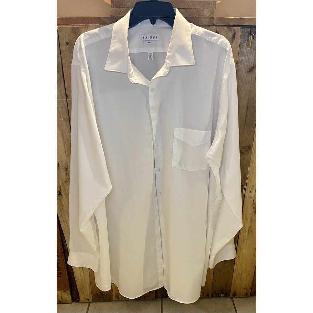 Van Heusen Dress Shirt Mens 18.5 37/38 White Lux Sateen Big and Tall Long Sleeve